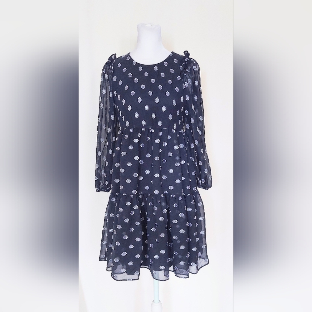 Calvin Klein Puff Sleeve Tier Skirt Dress Petite Blue Silver Geometric Size 4P